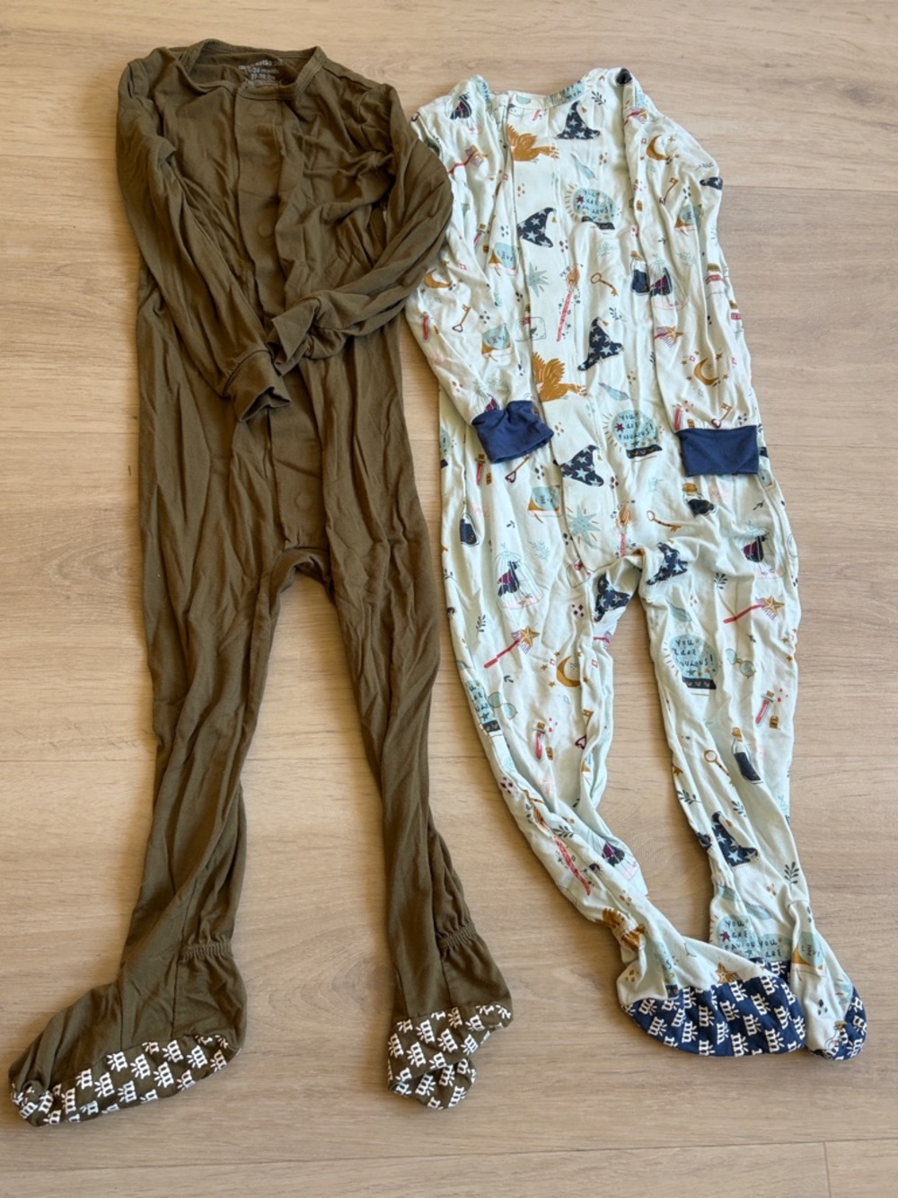 Magnetic Me Olive & Light Blue Printed Footed Jumpsuits - Set of 2